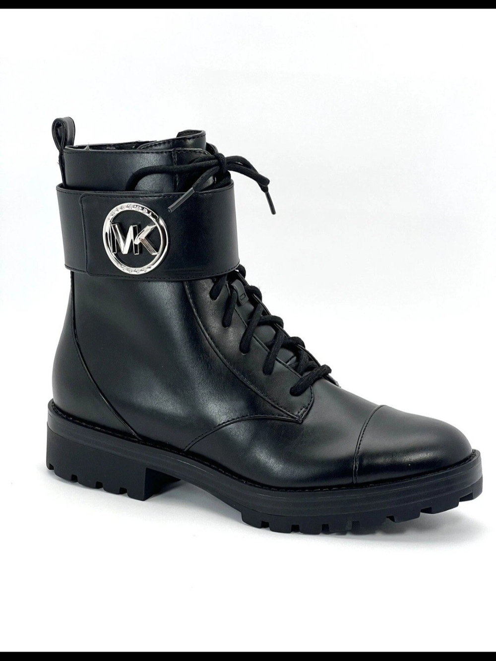 MICHAEL KORS TATUM LOGO COMBAT BOOTS -BLACK FAUX LEATHER -US 8 -NWOT
